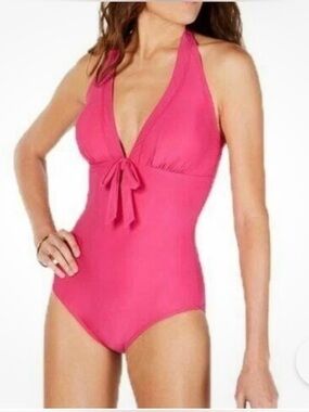 DKNY Hot Pink Halter One-Piece Swimsuit with Front Tie